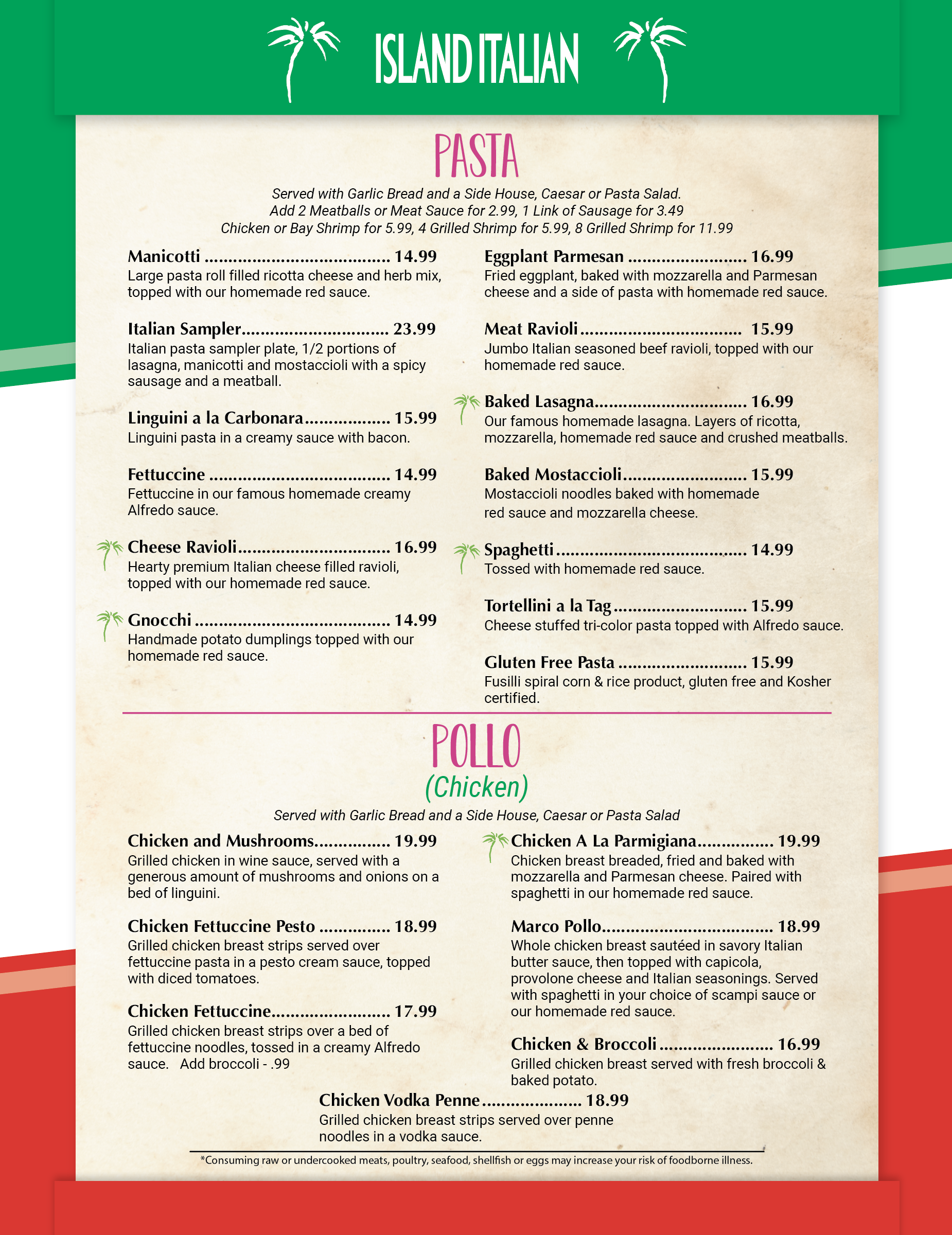 Island Italian Restaurant Dinner Menu in Corpus Christi, Texas.